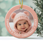 Décoration En Céramique Premier Noël du bébé - Simple Coral Rose Girl<br><div class="desc">Ajoutez une photo à ce joli ornement de vacances - parfait pour les petites filles. Une simple bordure rose corail clair fait un ornement mémorable pour votre arbre. Une police minimale moderne pour l'année avec un endroit pour télécharger 1 photo carré.</div>