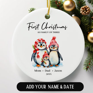 Décoration En Céramique Premier Noël en famille de trois pingouins