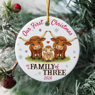 Décoration En Céramique Premier Noël en famille de trois vaches Longhorn