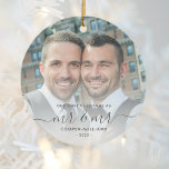 Décoration En Céramique Premier Noël en tant que M. et M. LGBTQ Keepsaké<br><div class="desc">Commémorez le premier Noël de votre mariage avec ce magnifique ornement de gardiens moderne. Le texte en gris fusain dit "Notre premier Noël en tant que Mr & Mr", avec les mots "Mr & Mr" dans un élégant script manuscrit avec des fioritures avant et après. Remplacez l'exemple d'image par votre...</div>
