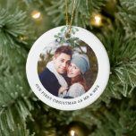 Décoration En Céramique Premier Noël en tant que M. et Mme Photo Mistletoe<br><div class="desc">Ce premier Noël Comme M. & Mme Ornament est décoré de mistletoe aquarelle. Facilement personnalisable avec votre photo, nom et année. Utilisez l'outil de conception pour modifier la taille, le style ou la couleur du texte. Parce que nous créons notre oeuvre, vous ne trouverez pas cette image exacte d'autres designers....</div>