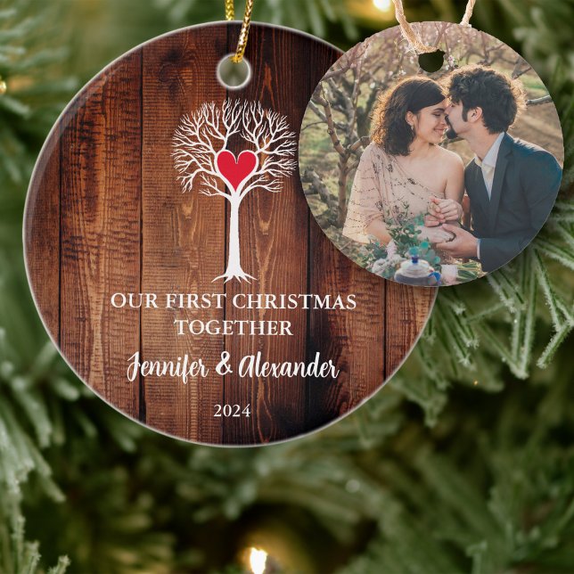 Décoration En Céramique Premier Noël ensemble amour bois (Our First Christmas together ornament with love tree and your own photo. )