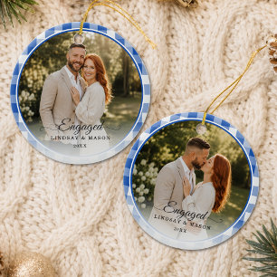 Décoration En Céramique Premier Noël Fiancés 2 Photo Gingham Bleu
