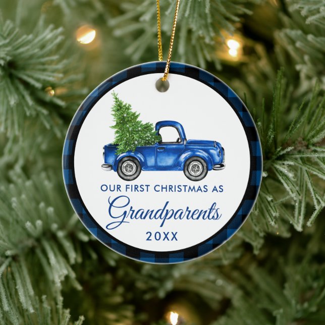 Décoration En Céramique Premier Noël Grand-parents Camion Blue Plaid (Arbre)