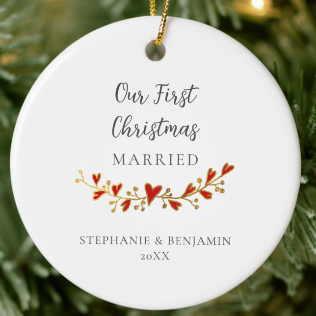 Décoration En Céramique Premier Noël Marié Gold Red Hearts Photo (first christmas married newlywed couple mr mrs keepsake ornament gold hearts garland elegant red )