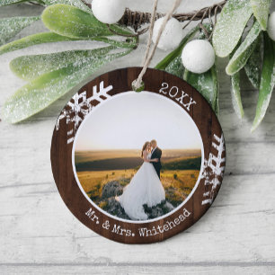 Décoration En Céramique Premier Noël Marié Photo Bois Rustique Neige