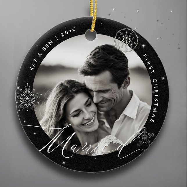 Décoration En Céramique Premier Noël Marry Snowflakes Black Chic Cadeau (christmas gift first married couple black ornament glitter sparkle modern minimalist snowflakes)