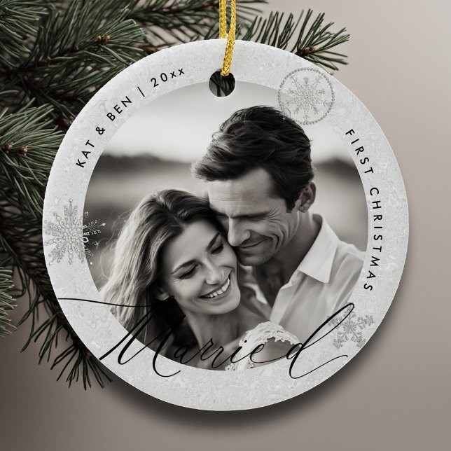 Décoration En Céramique Premier Noël Marry Snowflakes White Chic Cadeau (christmas gift first married couple white ornament glitter sparkle modern minimalist snowflake chic)