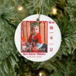 Décoration En Céramique Premier Noël moderne bébé natalité Statistiques de<br><div class="desc">Chiffres de naissance simples, propres et minimes pour le premier Noël du bébé. Avec un script rouge élégant et chic. Un nouveau-né délicat détails ornement pour taille le moment de votre bébé premier Noël et le garder pour toujours. Modifiez les statistiques de naissance et la date de naissance, ainsi que...</div>