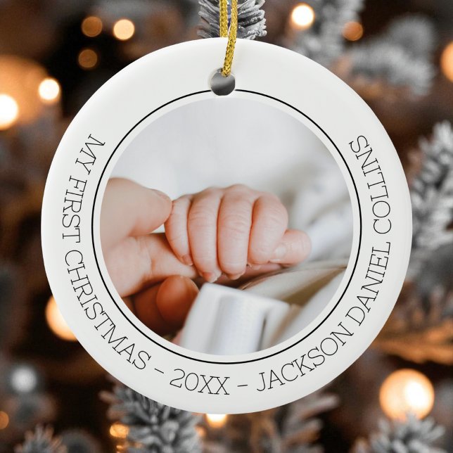 Décoration En Céramique Premier Noël Moderne Simple Bébé 2 Photo Nouveau-n (First Christmas Modern Simple Baby 2 Photo Newborn Ceramic Ornament)