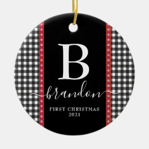 Décoration En Céramique Premier Noël Monogramme Nom de Bébé Plaid Buffalo