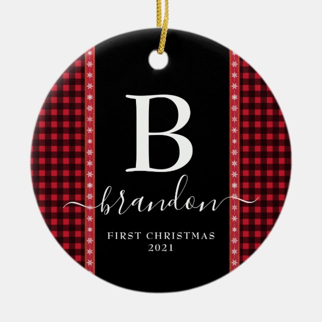 Décoration En Céramique Premier Noël Monogramme Nom de Bébé Plaid Buffalo  (Devant)