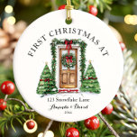 Décoration En Céramique Premier Noël Personnalisé À Notre Nouvelle Maison<br><div class="desc">Le premier Noël personnalisé à notre nouvel ornement en céramique est un beau souvenir pour célébrer une période de fêtes importante! Conçu en céramique de haute qualité, cet ornement présente un design charmant avec des éléments festifs et un espace à personnaliser avec des noms, l'année, ou un message sincère. Idéal...</div>