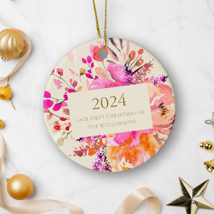 Décoration En Céramique Premier Noël personnalisé Marié Fleur rose 