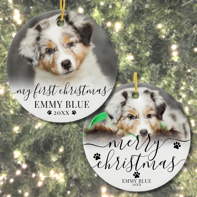 Décoration En Céramique Premier Noël Photo Personnalisé de Chien en Puppy (First Christmas Personalized Puppy Dog Photo Ceramic Ornament )