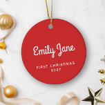 Décoration En Céramique Premier Noël Simple Mignonne Rouge Nom personnalis<br><div class="desc">Célébrez une étape spéciale avec ce premier ornement de Noël, avec un design simple et mignon en rouge festif. Personnalisé avec un nom, cet ornement en céramique est le gardien idéal pour commémorer ensemble le premier Noël d’un bébé ou un couple marié. Son charme minimaliste apporte une touche sucrée et...</div>