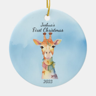Décoration En Céramique Première Girafe de Noël de bébé bleu Personnalisé