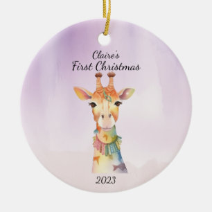 Décoration En Céramique Première Girafe de Noël de bébé violet personnalis