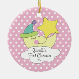 Décoration En Céramique Première lune de rose d'ornement de Noël du bébé