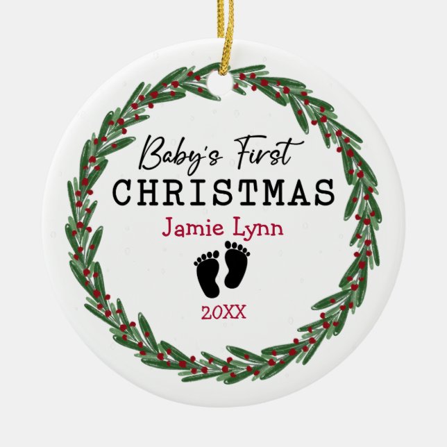 Décoration En Céramique Première Noël de bébé rouge vert courge simple (Devant)