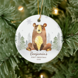 Décoration En Céramique Première Noël de l'ours de la forêt d'aquarelle
