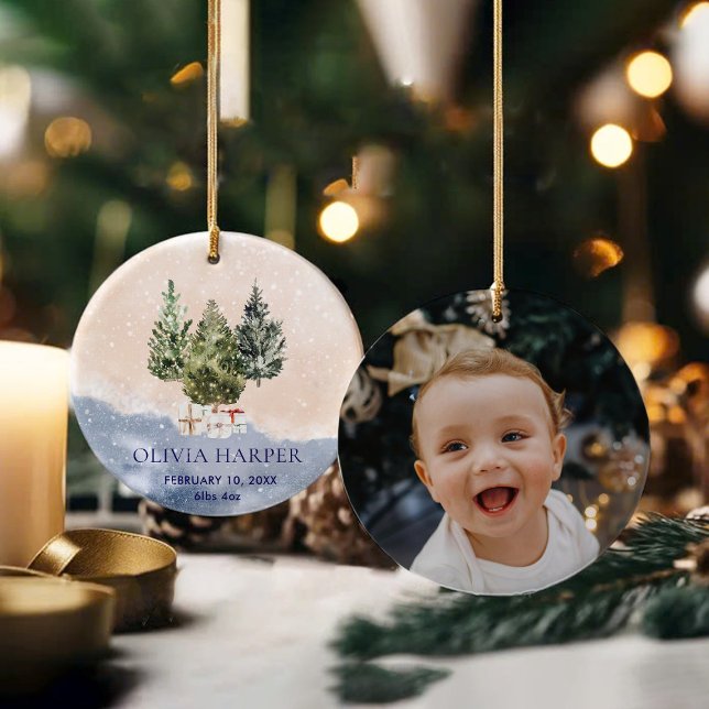 Décoration En Céramique Première Noël de Woodland avec photo de naissance (Créateur téléchargé)