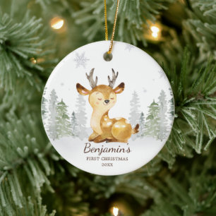 Décoration En Céramique Première Noël du bébé de cerfs de la forêt aquarel
