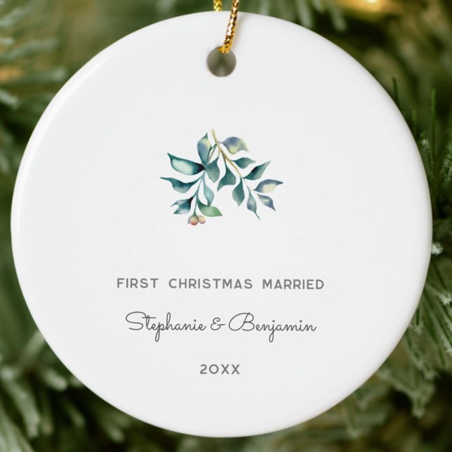 Décoration En Céramique Première Noël Marié Mistletoe Keepsaké photo (our first christmas married mr mrs mistletoe christmas ornament couple keepsake photo elegant classy)