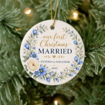 Première Noël Mariés Fleur Sauvage Bleue Cadeau