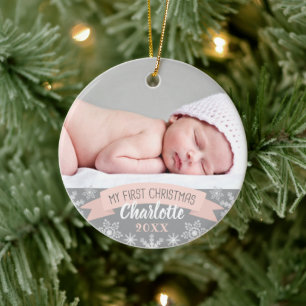 Décoration En Céramique Première Noël Teinte Rose Bébé Fille Photo