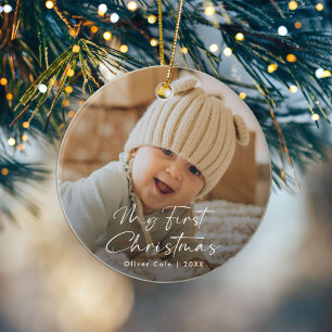 Décoration En Céramique Première photo de Noël de Baby's Modern Script