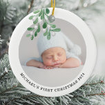 Décoration En Céramique Première photo de Noël du bébé<br><div class="desc">Le premier ornement de Noël de ce bébé est décoré d'un tatouage à l'aquarelle. Facilement personnalisable avec la photo,  le nom et l'année de votre bébé. Utilisez l'outil de conception pour modifier la taille,  le style ou la couleur du texte. Aquarelle originale © Michele Davies.</div>