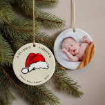 Décoration En Céramique Première photo de Noël du bébé du Père Noël Rouge<br><div class="desc">Un souvenir chéri du premier Noël du bébé avec un chapeau d'aquarelle rouge peint à la main et joliment peint à l'avant avec vos détails et votre photo préférée à l'envers.</div>