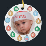Décoration En Céramique Première photo de Noël du mignon bébé<br><div class="desc">Le premier ornement de Noël de votre bébé personnalisé avec la photo entourée de baubles de couleur pastel et l'année sur le devant avec le nom à l'envers.</div>