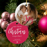 Décoration En Céramique Première photo de Noël personnalisée de bébé coeur<br><div class="desc">Téléchargez votre photo préférée (de préférence carré),  insérez votre texte,  votre nom et votre date,  et faites de ces ornement moderne moderne de Noël rose un cadeau de souvenir pour vous rappeler et votre petit de votre premier Noël ensemble!</div>