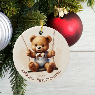 Décoration En Céramique Première Teddy de Noël du bébé en train de coudre