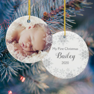 Décoration En Céramique Premiers flocons d'argent blanc de Noël pour bébé