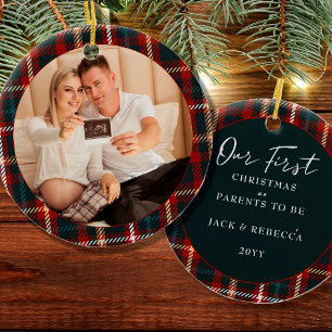 Décoration En Céramique Premiers parents Noël à venir Tartan Plaid Photo