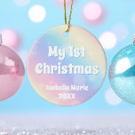 Décoration En Céramique Pretty Pastel Rainbow Baby Gift My 1st Christmas<br><div class="desc">Decorate a My 1st Christmas ornament for your baby girl with a pretty pastel rainbow sparkle design that features your child's name in cute white writing. This magical gift is a sweet keepsake for your family to celebrate your new child.</div>