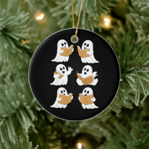 Décoration En Céramique Professeur Halloween Fantôme Lisant des Livres Bib