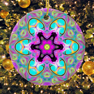 Décoration En Céramique Psychédélique Mandala Flower bleu rose et jaune