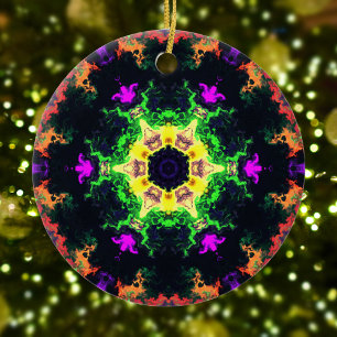 Décoration En Céramique Psychédélique Mandala Flower vert violet et jaune
