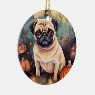 Décoration En Céramique Pug d'Halloween avec citrouilles effrayant