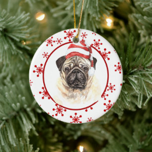 Décoration En Céramique Pug Santa Hat Red Snowflake Christmas