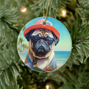 Décoration En Céramique Pug sur la plage, cadeau d'été pour amateur de chi