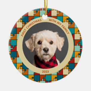 Décoration En Céramique Puzzle Vintage chien 1er Noël avec photo de famill