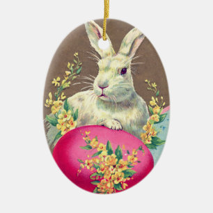 DÉCORATION EN CÉRAMIQUE RABIT BLANC AVEC OEUF DE PÂQUES ET FLEURS DE PRINT