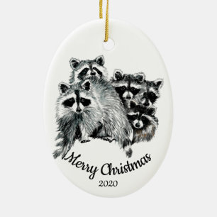Décoration En Céramique Raccoon de Noël sur mesure Famille de cinq