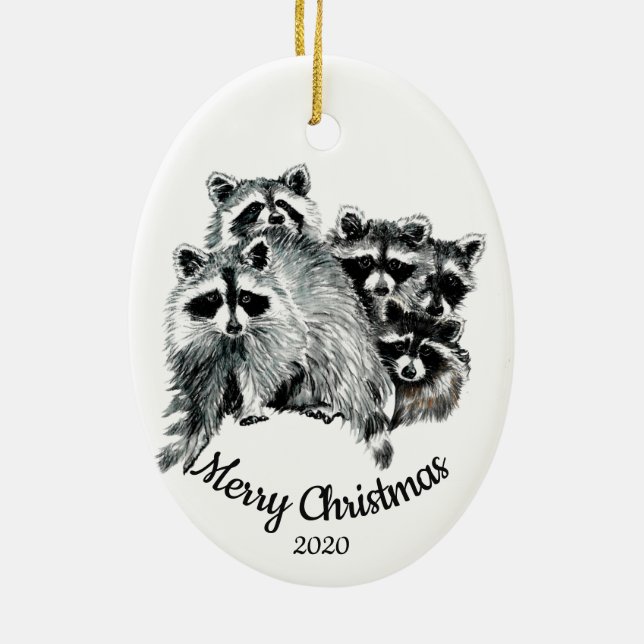 Décoration En Céramique Raccoon de Noël sur mesure Famille de cinq (Dos)