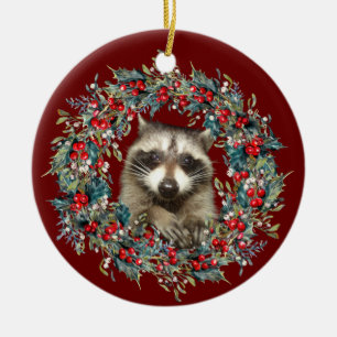 Décoration En Céramique Raccoon Wildlife lover Christmas Xmas wreath red